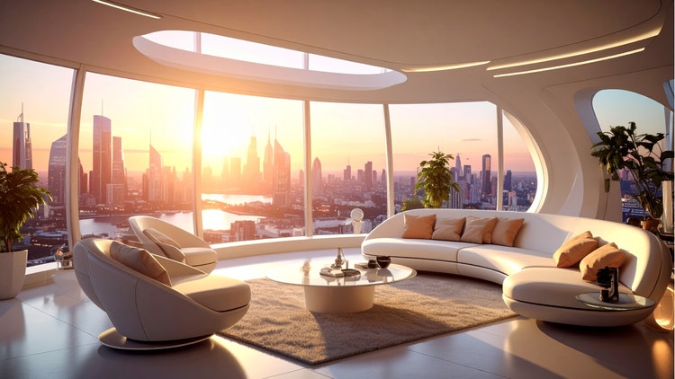 A modern living room with picture windows overlooking a city skyline at sunset made with Firefly generative AI.