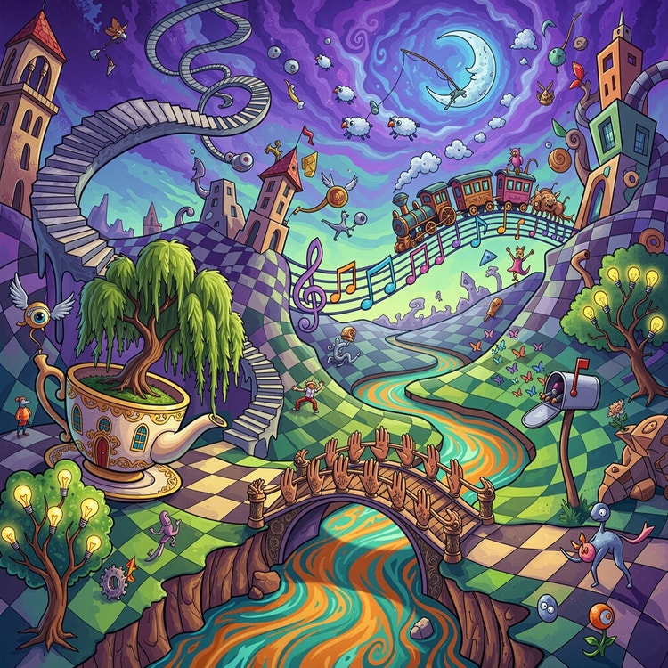 Modern surreal cartoon illustration of a whimsical fantasy landscape filled with impossible architecture and dreamlike details. A rainbow-colored river winds beneath ornate bridges, while floating staircases, musical notes, oversized teacups, twisting trees, and colorful buildings curve and bend through the scene. A crescent moon hangs in a swirling purple sky, creating a playful, imaginative world with vibrant colors and otherworldly charm.