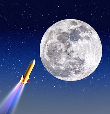 full moon in the sky with a rocket headed toward the moon