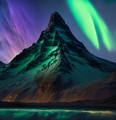Tallest mountain in the world at night with the northern lights.