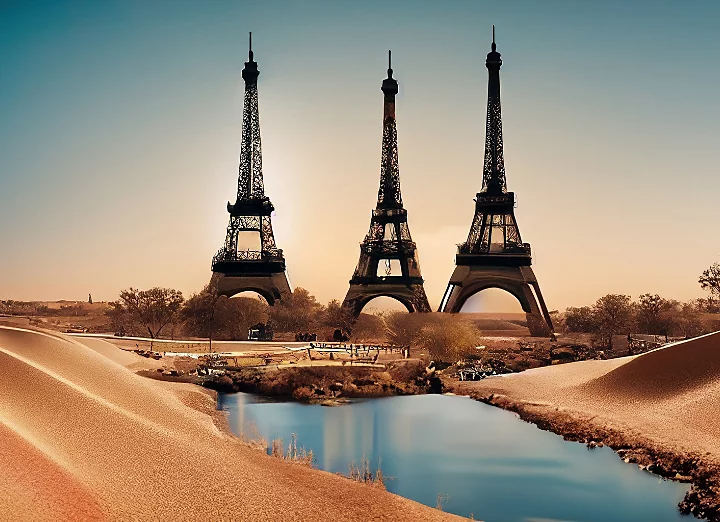 Three eiffel towers in desert with river; photorealism