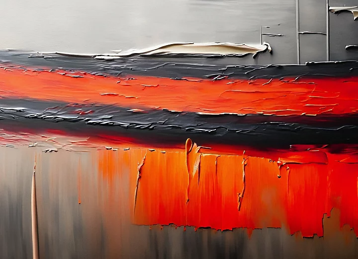 beautiful gallery oil painting, red, jade, orange and grey, sharp lines and blended tones