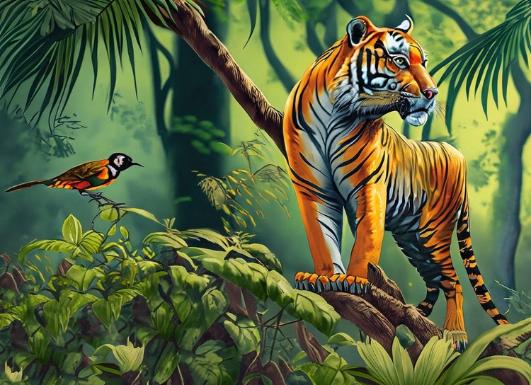 Tiger and bird in jungle