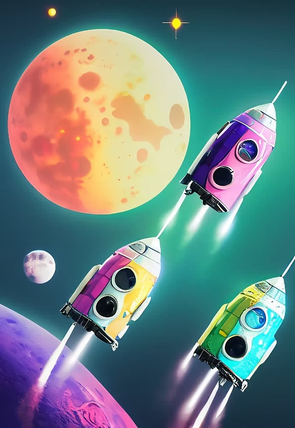 3 Pastel color spaceships landing on moon