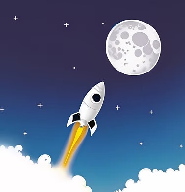 full moon in the sky with a rocket headed toward the moon, cartoon art