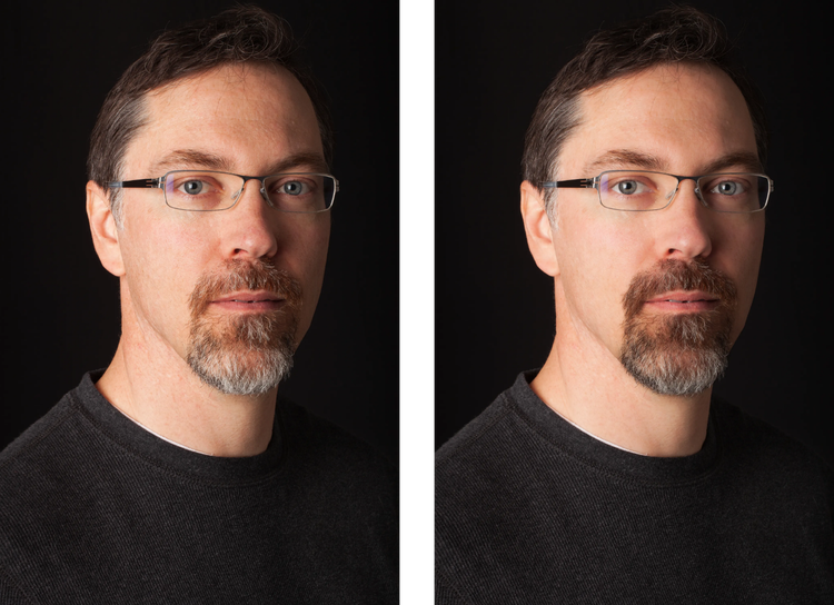 Side by side photos of a man with glasses