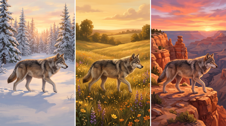 AI-generated wolf in front of a variety of nature backgrounds