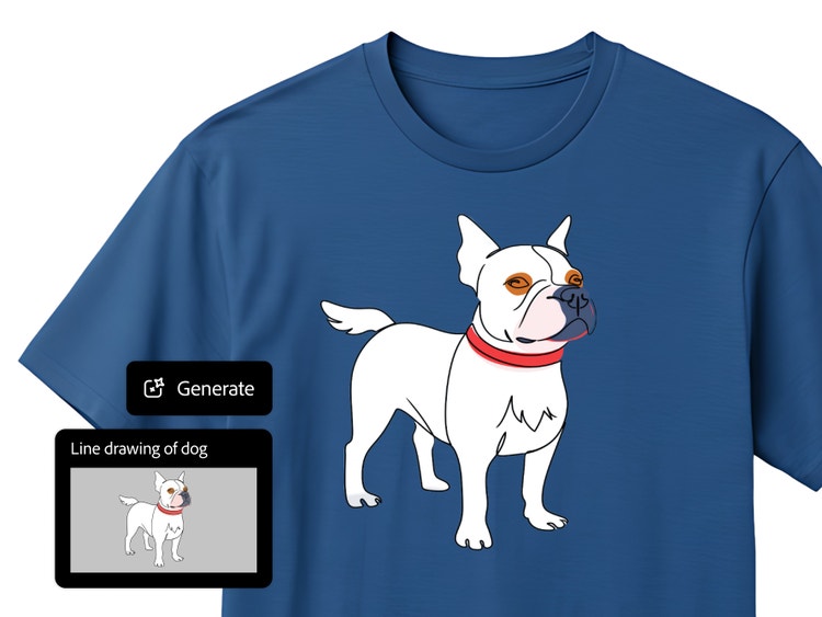 A blue T-shirt mockup featuring a simple line drawing of a white dog with a red collar on the front. A Firefly “Generate” button and a small prompt preview reading “Line drawing of dog” appear on the lower-left side.