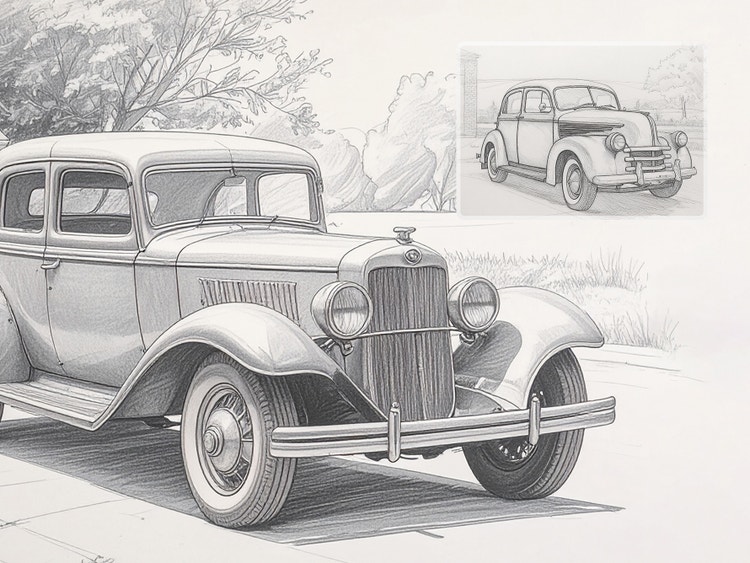 A detailed pencil sketch of a vintage car parked outdoors, shown from the front at a slight angle with trees in the background. A smaller reference sketch of the same car appears in the upper-right corner.