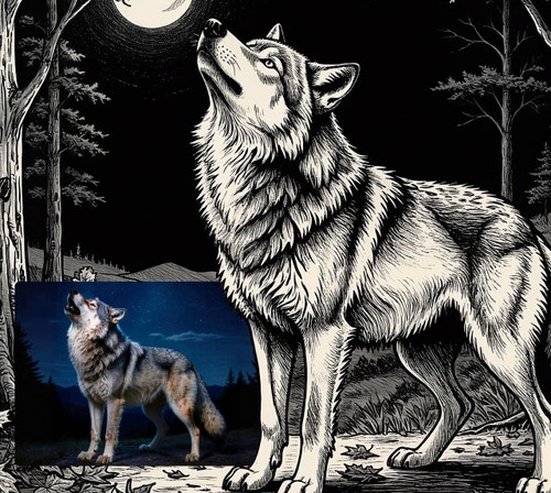 A black-and-white engraved-style illustration of a wolf howling at the moon in a dark forest. A smaller color reference image of a howling wolf appears in the lower-left corner.