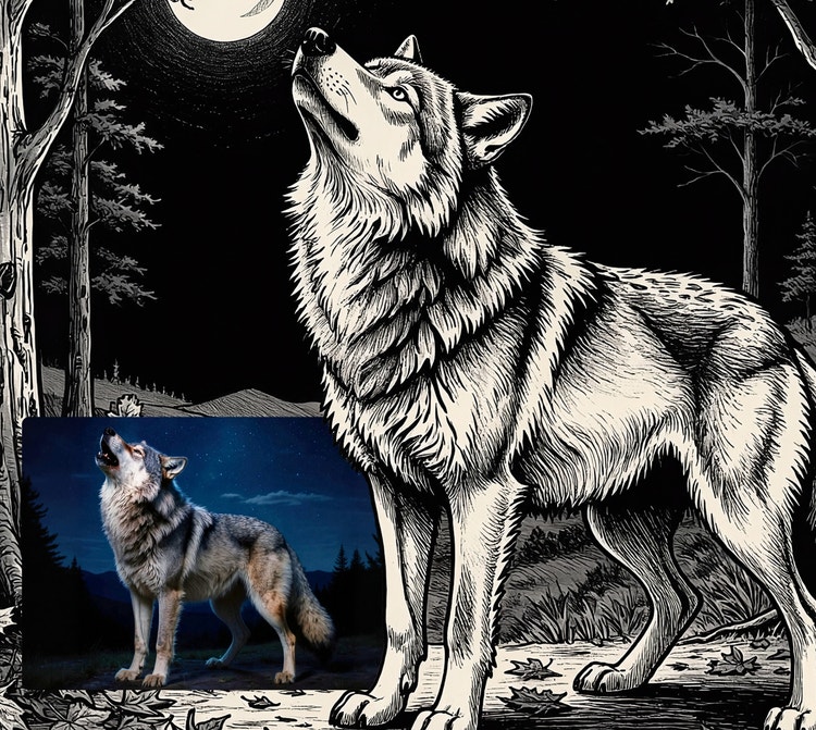 A black-and-white engraved-style illustration of a wolf howling at the moon in a dark forest. A smaller color reference image of a howling wolf appears in the lower-left corner.