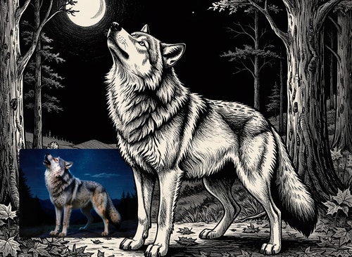 A black-and-white engraved-style illustration of a wolf howling at the moon in a dark forest. A smaller color reference image of a howling wolf appears in the lower-left corner.