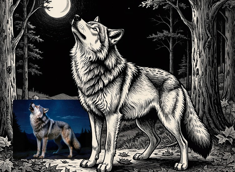 A black-and-white engraved-style illustration of a wolf howling at the moon in a dark forest. A smaller color reference image of a howling wolf appears in the lower-left corner.