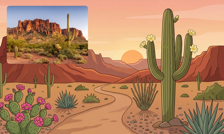 A colorful illustrated desert landscape with tall cacti, flowering prickly pear, agave plants, red rock mesas, and a winding path at sunset. A small reference photo of a desert scene with red cliffs and saguaro cacti appears in the upper-left corner.