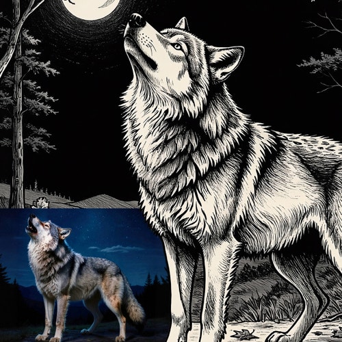 A black-and-white engraved-style illustration of a wolf howling at the moon in a dark forest. A smaller color reference image of a howling wolf appears in the lower-left corner.