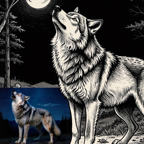 A black-and-white engraved-style illustration of a wolf howling at the moon in a dark forest. A smaller color reference image of a howling wolf appears in the lower-left corner.