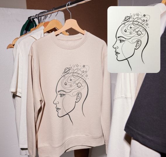 A beige sweatshirt hanging on a clothing rack with a black line-art design of a woman’s profile and swirling planets above her head. On the right, a larger close-up of the same celestial line drawing is shown on a light background.