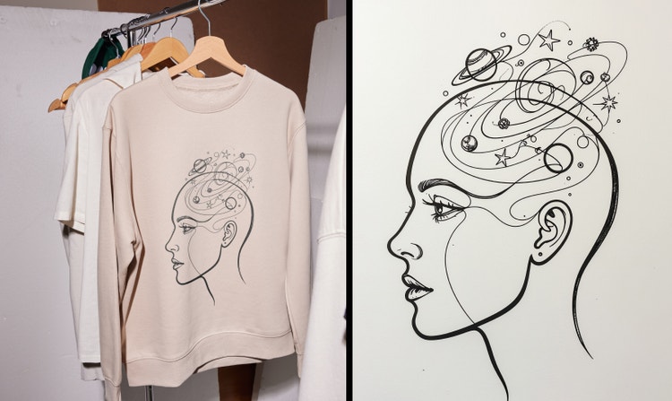 A beige sweatshirt hanging on a clothing rack with a black line-art design of a woman’s profile and swirling planets above her head. On the right, a larger close-up of the same celestial line drawing is shown on a light background.