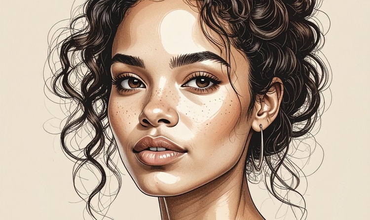 A detailed stylized portrait illustration of a woman with curly dark hair, freckles, glossy lips, hoop earrings, and soft highlight patches across her face against a warm neutral background.