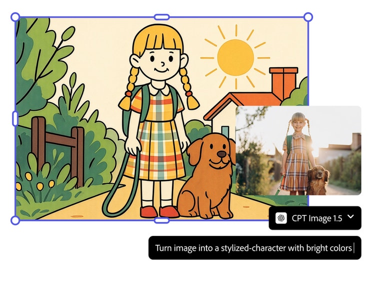 A bright, stylized cartoon illustration of a girl with braids walking a brown dog on a leash in a sunny neighborhood. A smaller reference photo of a girl standing with a dog appears on the right. The image is selected with a blue editing border, and a black prompt field reads, “Turn image into a stylized-character with bright colors.”