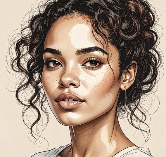 A detailed stylized portrait illustration of a woman with curly dark hair, freckles, glossy lips, hoop earrings, and soft highlight patches across her face against a warm neutral background.