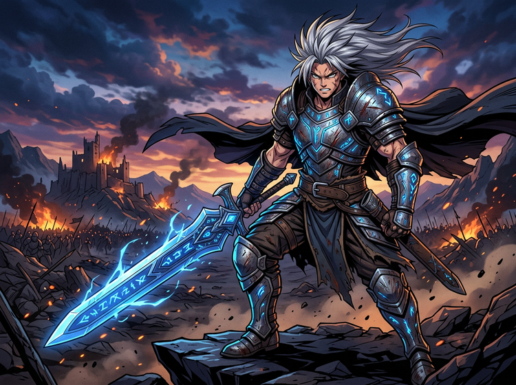 AI-generated fantasy-styled warrior with silver hair brandishing a sword as a battle rages behind