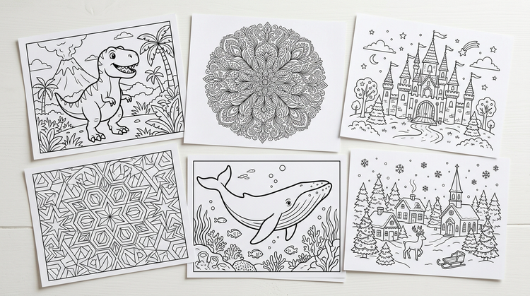 Six AI-generated coloring pages fanned out on a soft lavender surface, including a cartoon elephant, botanical mandala, fairy-tale castle, geometric pattern, undersea scene, and holiday village