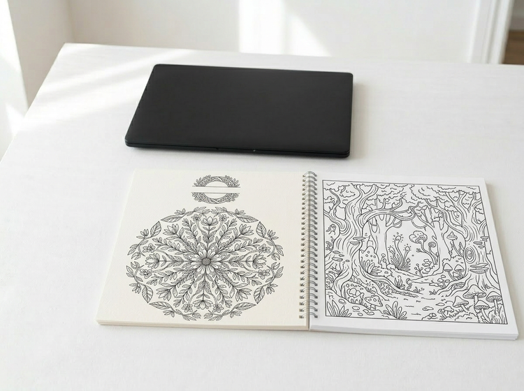 An open spiral-bound coloring book lying flat on a clean white desk, showing two AI-generated line art pages ready to color