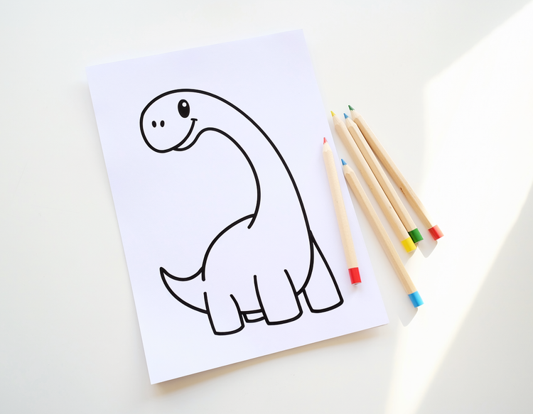 A bold AI-generated coloring page of a cartoon dinosaur lying flat on a bright white surface, ready to color