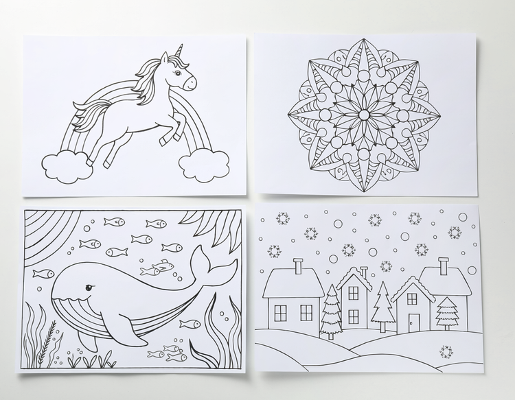Four AI-generated coloring pages arranged as a flat spread, showing a cartoon animal, mandala, fairy-tale scene, and geometric pattern