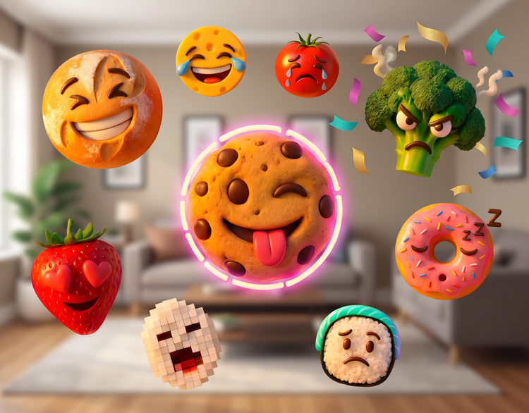 A dynamic arrangement of six expressive emoji designs showcasing different moods.