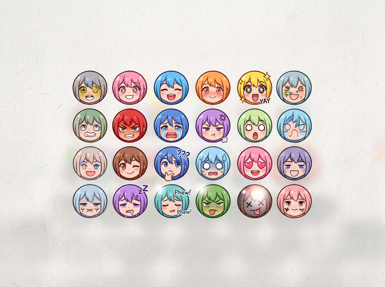 Mix of anime emojis, different styles and expressions.