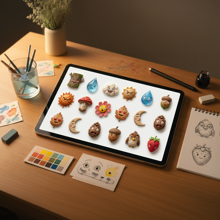 A creative workspace scene showing multiple emoji design variations.