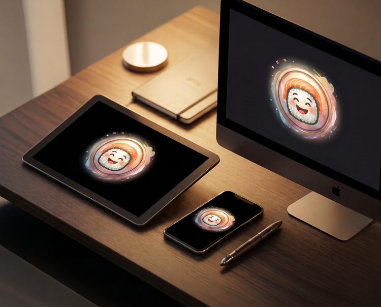 A polished custom emoji being displayed on multiple creative surfaces