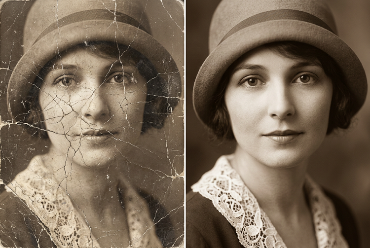 Before and after split view of a vintage portrait of a woman showing AI-powered damage repair