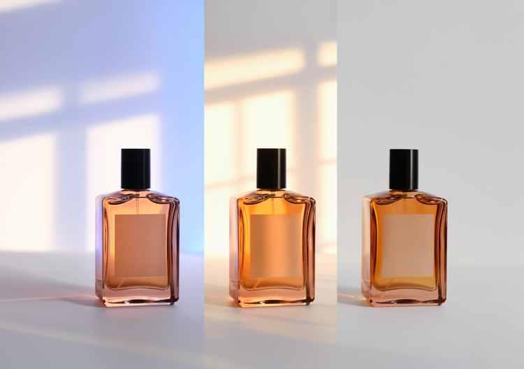 product shot of perfume bottle in blue, gold amber light