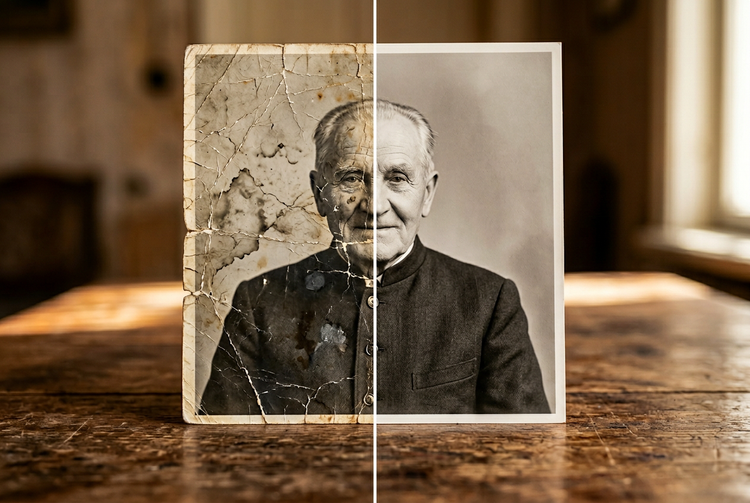 Close-up of a vintage black and white portrait photograph with visible cracks and aging on a wooden table