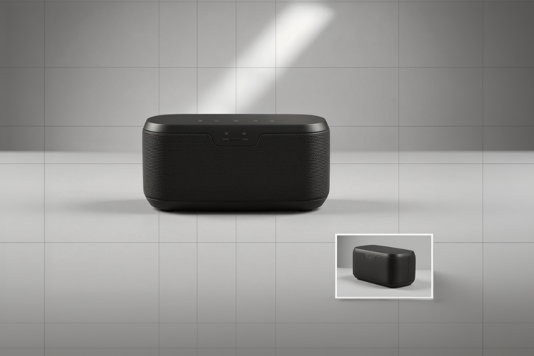 Overhead flat lay of a matte black wireless speaker centered on a light gray background