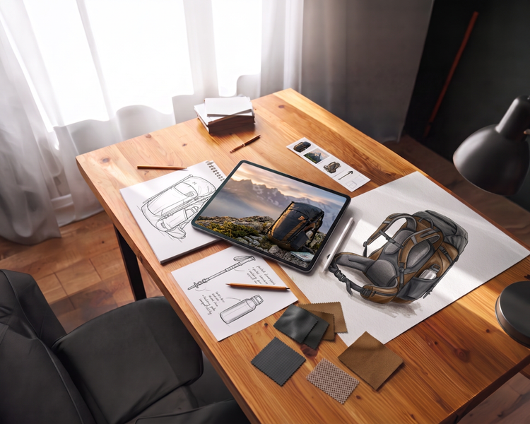 Tablet with sketches on table of backpack.