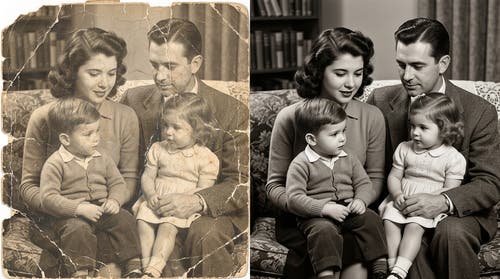 Before and after comparison of a vintage family portrait photograph restored with Adobe Firefly AI