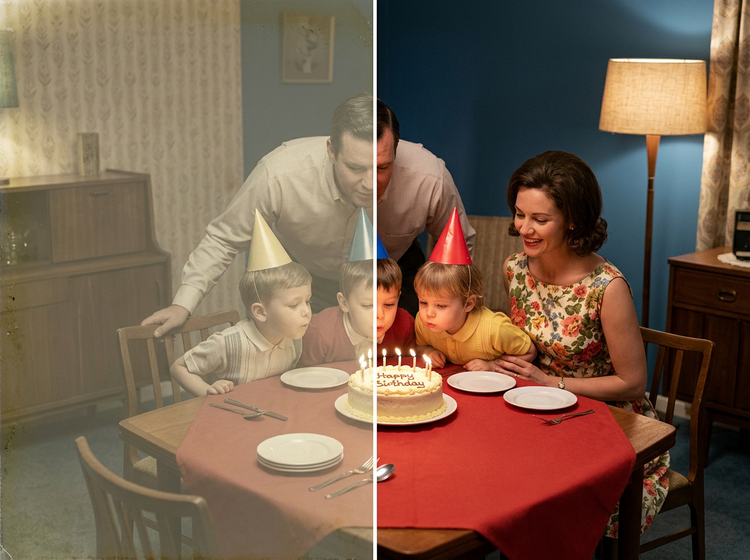 Before and after comparison of a 1960s family birthday photograph with restored color and vibrancy
