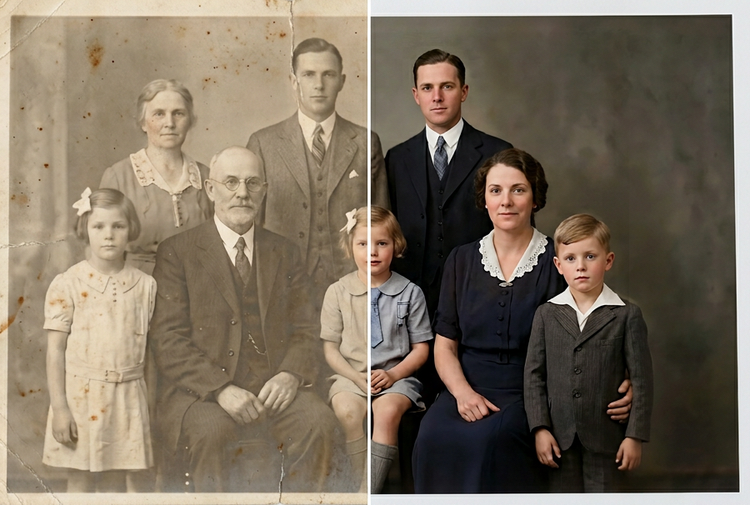 Warm toned restored vintage family portrait photograph displayed on a clean modern surface