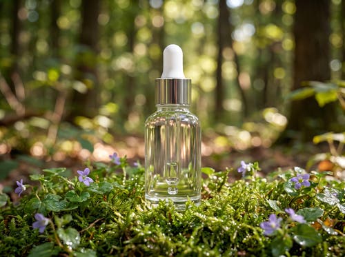 Serum bottle sitting atop moss and flowers in a forest.