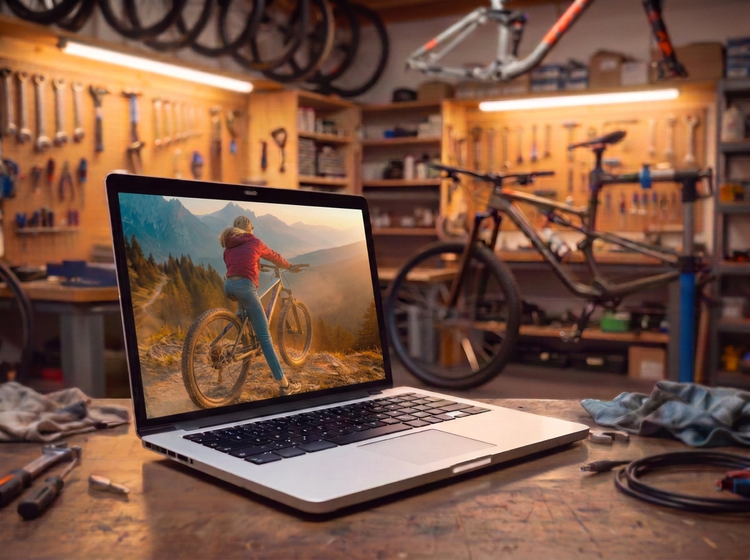 Laptop displaying a product shot of a mountain bike in a bike workshop setting