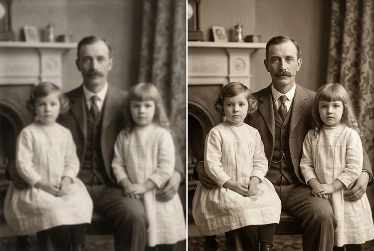 Before and after comparison of a vintage family portrait showing enhanced sharpness and recovered detail