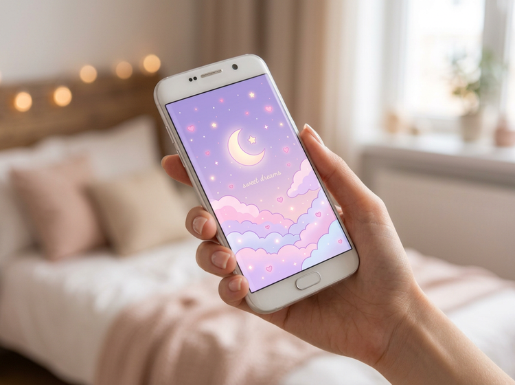 Cute pastel phone wallpaper with a moon and clouds shown on a smartphone screen.