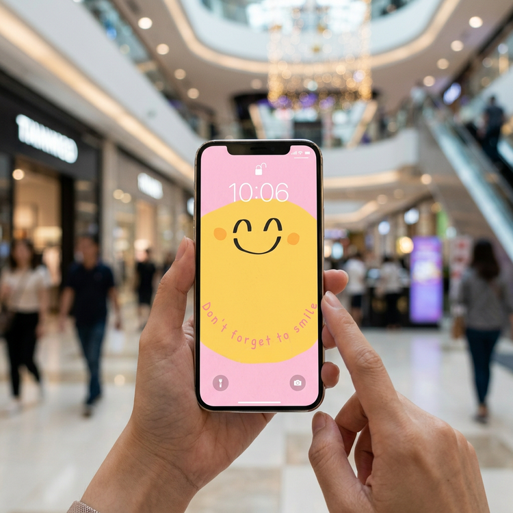 A phone with a happy face on a pink background that says "Don't forget to smile"