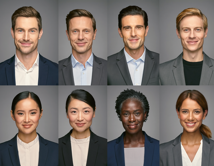 A grid of eight AI-generated professional headshot variations