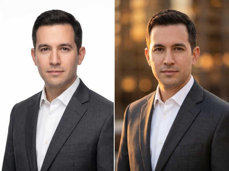 A split-view showing a man in professional attire with a plain background and a city background