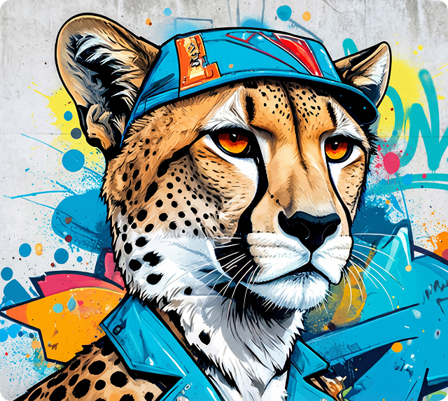 A graffiti-style cartoon of a leopard wearing a hat. A photo of a real leopard in the upper left corner is shown as a reference.